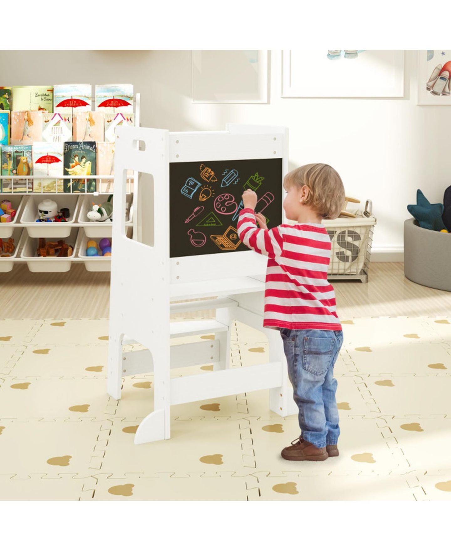 Детская игрушка HONGGE Adjustable Birch Wood Toddler Kitchen Tower with Chalkboards, Ages 3+, цвет: Белый — фото 2