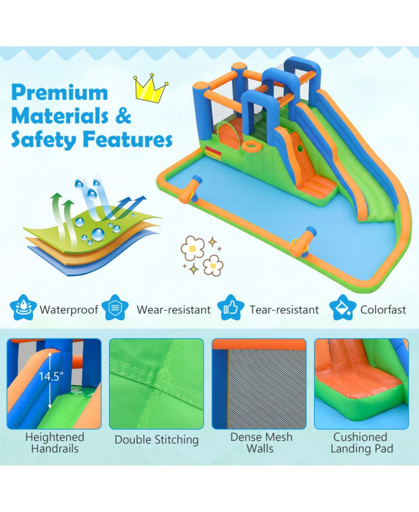 Детская игрушка HONGGE Inflatable Water Slide Bounce House with Splash Pool and 780W Blower Ages 3-12, цвет: Синий — фото 5