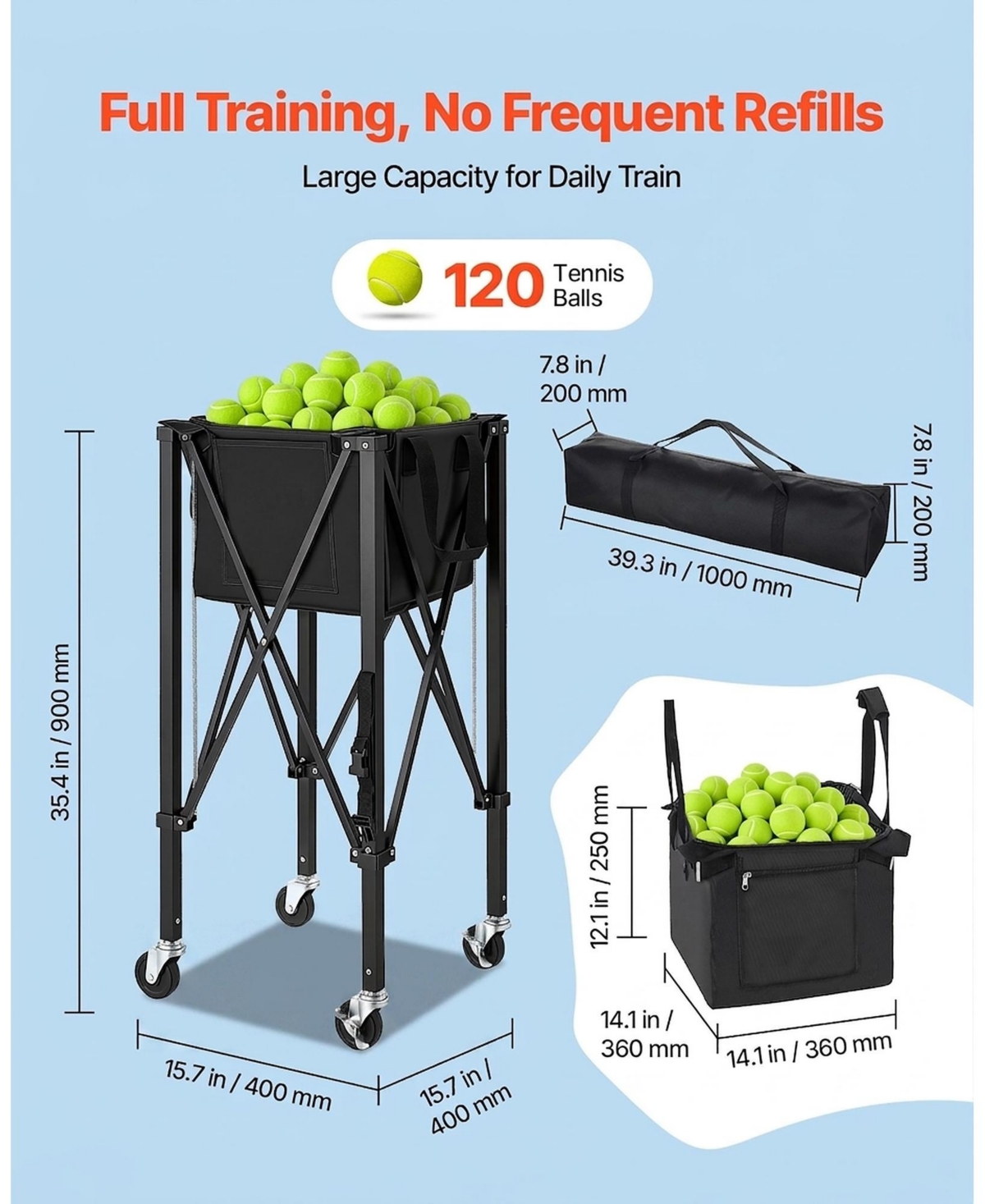 Hongge Foldable Aluminum Tennis Ball Basket Cart for 120 Balls Featuring Rubber Swivel Wheels and Storage Bag