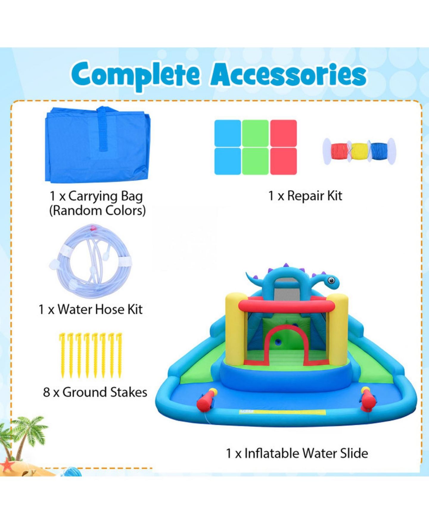 Детские игрушки HONGGE Dinosaur Inflatable Water Slide Bounce House with Double Slides and Splash Pool, Oxford Cloth, Holds 3 Players, Ages 3-10, цвет: Зелёный — фото 5