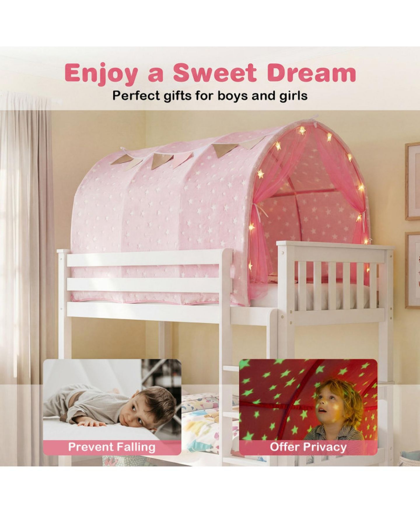Детские игрушки HONGGE Glow-in-the-Dark Stars String Lights 3-Piece Bed Tent, Ages 3+, цвет: Розовый — фото 4