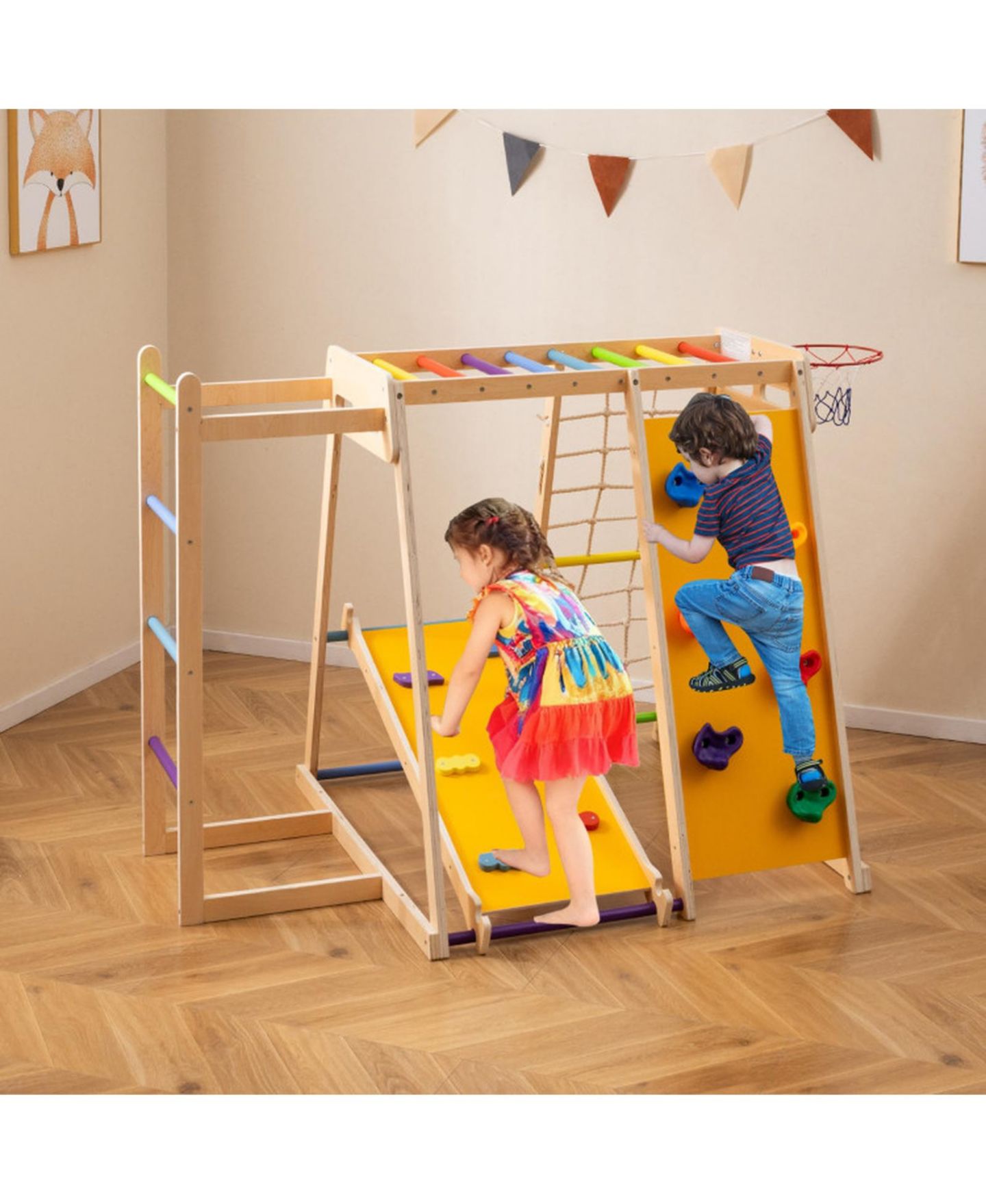 Детская игрушка HONGGE 6-in-1 Kids Indoor Jungle Gym with Slide and Climbing Wall Ages 3-14, цвет: Жёлтый — фото 11