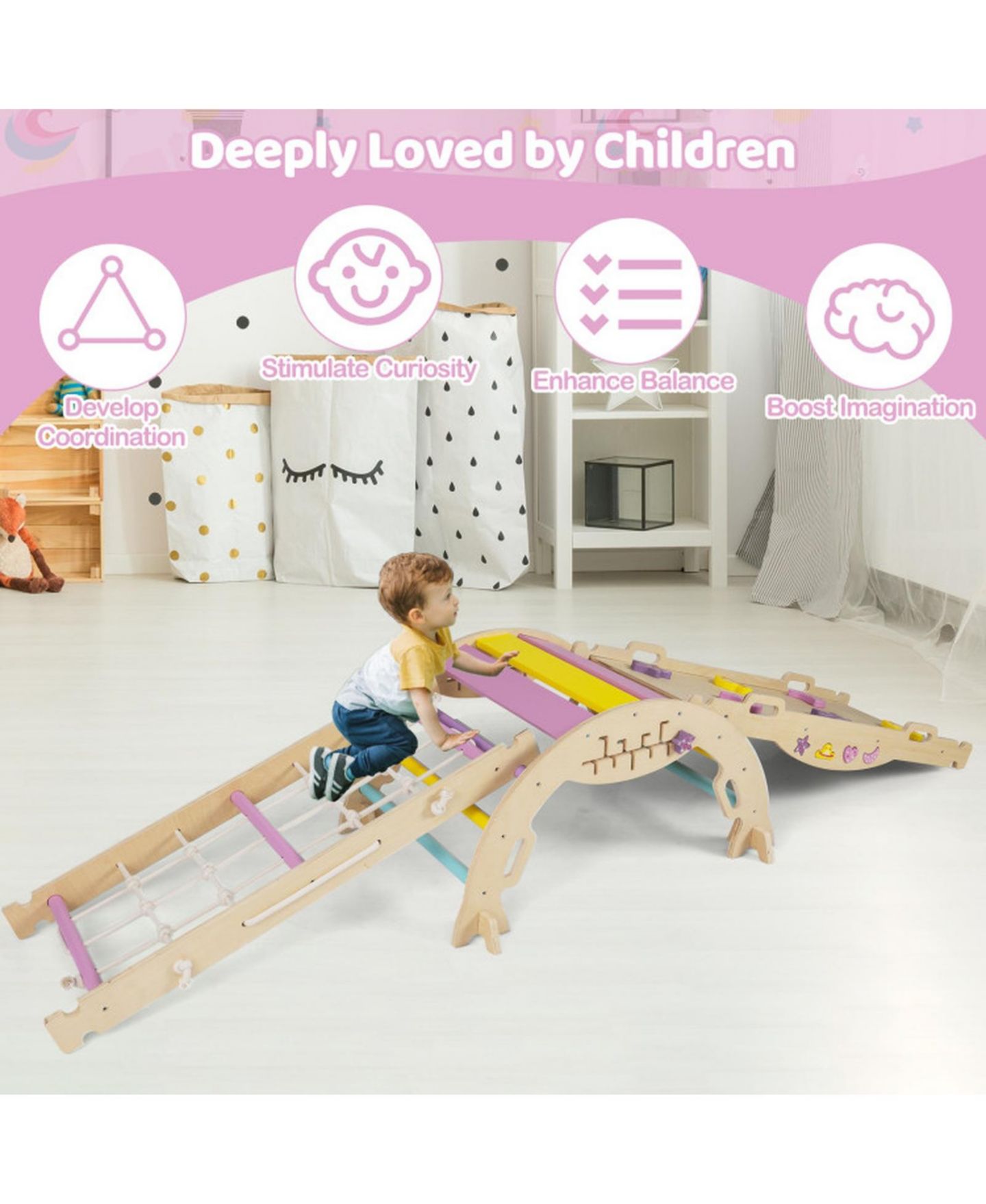 Детские игрушки HONGGE 8-in-1 Foldable Montessori Wooden Climbing Set, Ages 3+, цвет: Розовый — фото 10