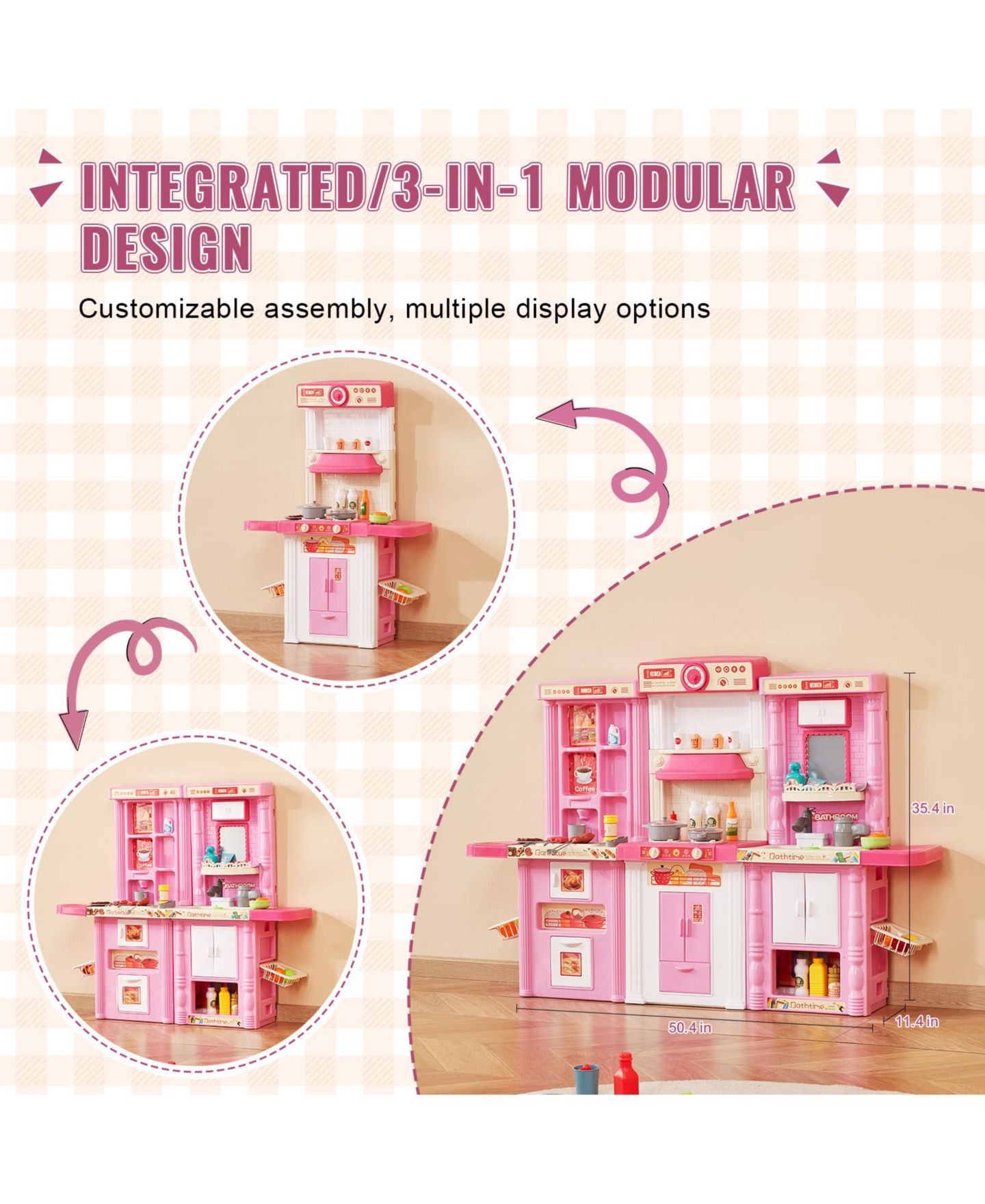 Детский игровой набор HONGGE 3-in-1 Kitchen Playset with Lights and Sounds, 74 Cooking Accessories, Ages 3+, цвет: Розовый — фото 6