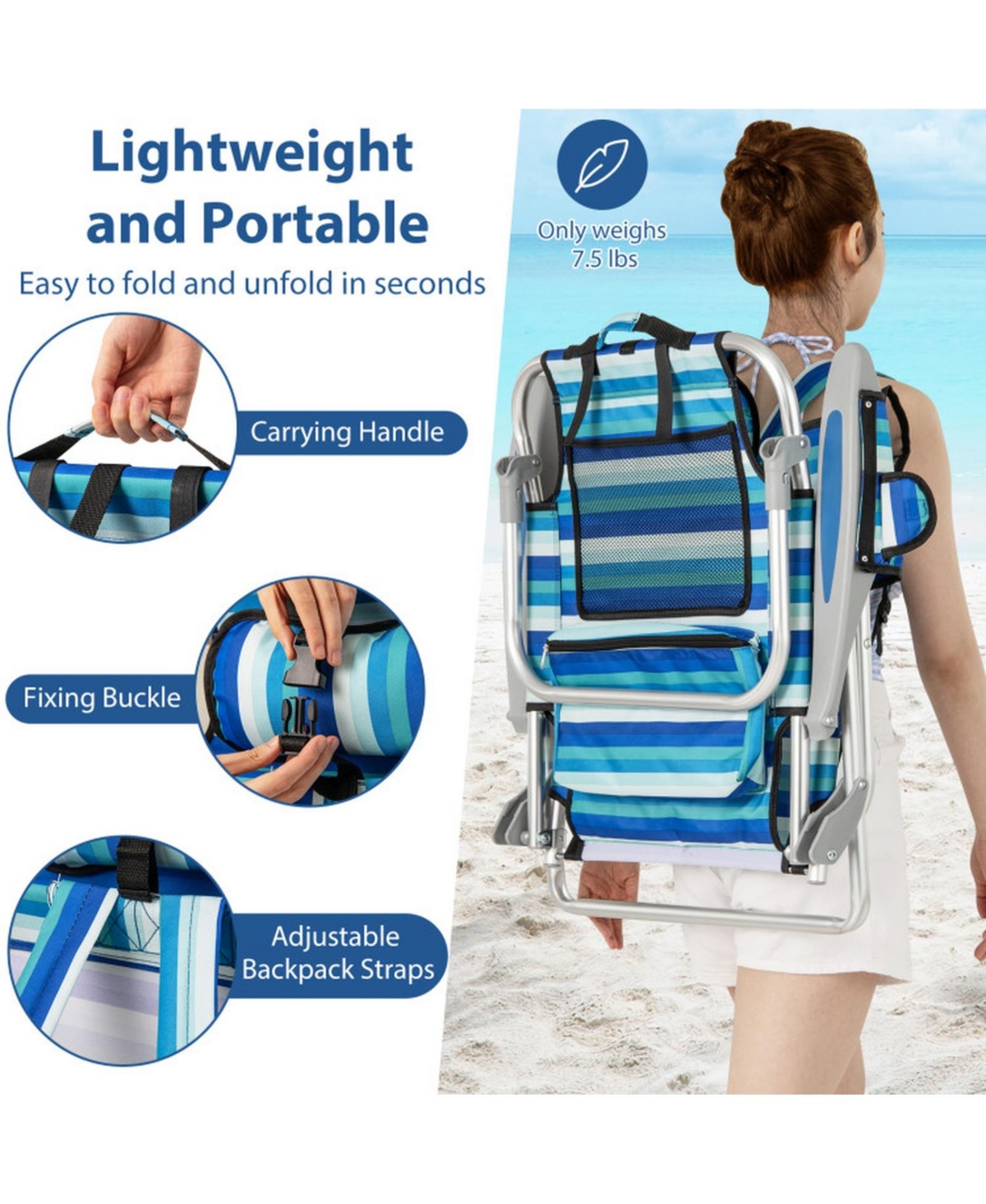 Gouun Folding Beach Chair for Adults with 4-Position Backrest, Cooler Bag, Cup Holder and Towel Bar
