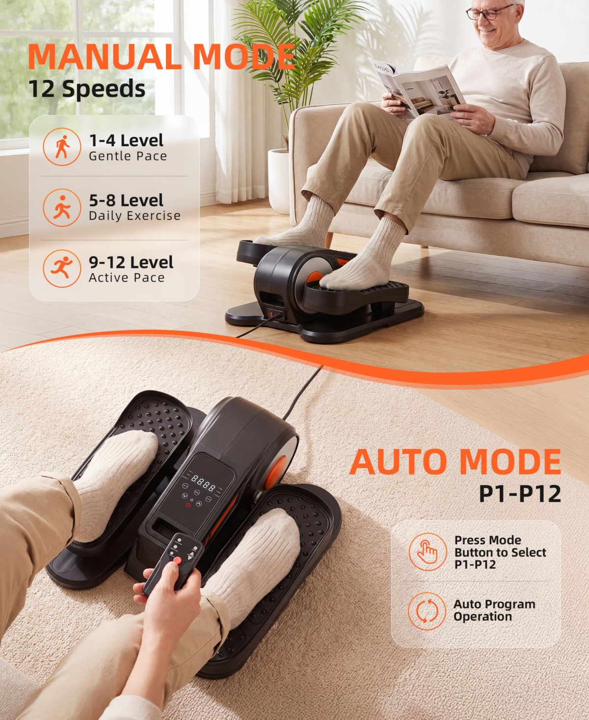 Sugift Under Desk Elliptical 12 Speeds Pedal Exerciser with Remote, Display, Bands and Mat for Seniors Office