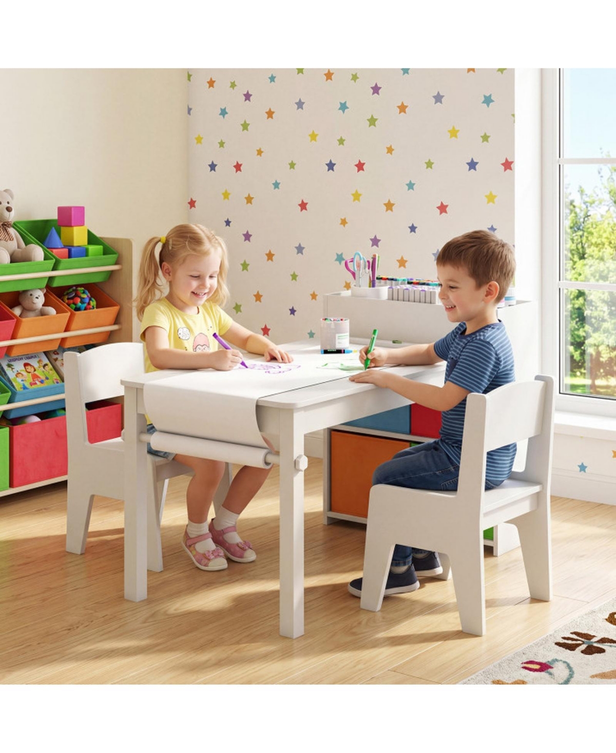 Sugift Kids Art Table and Chairs Set with 2 Chairs and Paper Roll