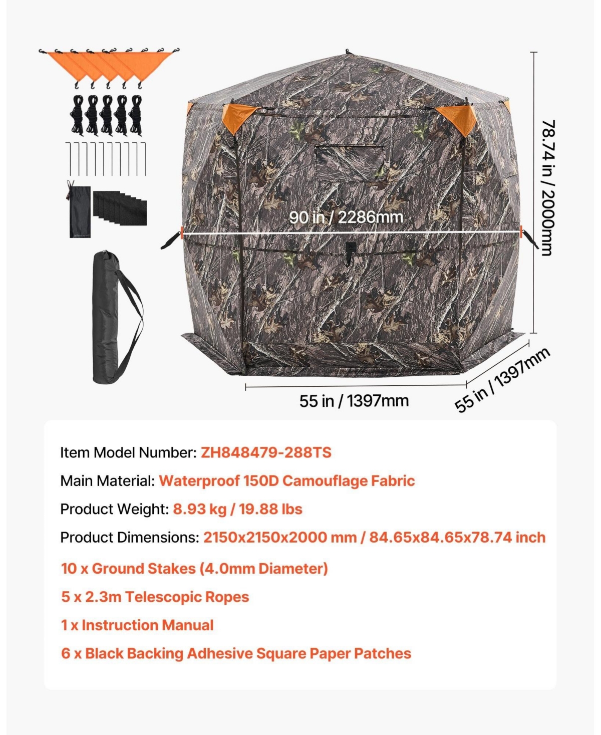 Hongge Large 84 x 84 in Hunting Ground Blind 288 Degree 5-Side See-Through for 6 to 7 Hunters