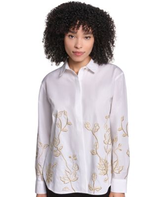 Petite Floral Long-Sleeve Button-Down Blouse