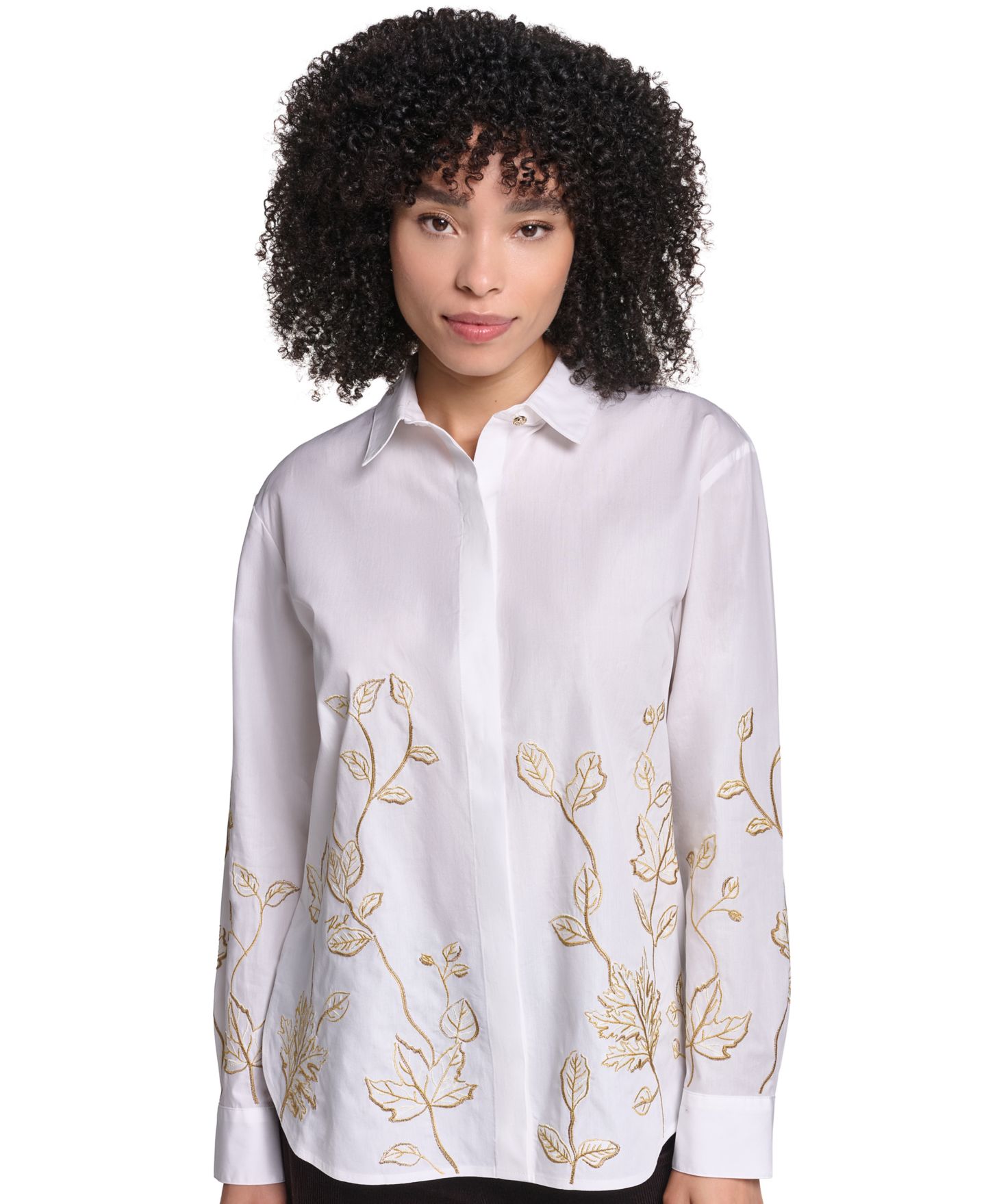 Женская блузка KARL LAGERFELD PARIS Petite Floral Embroidered Long-Sleeve Blouse, цвет: Белый — фото 1