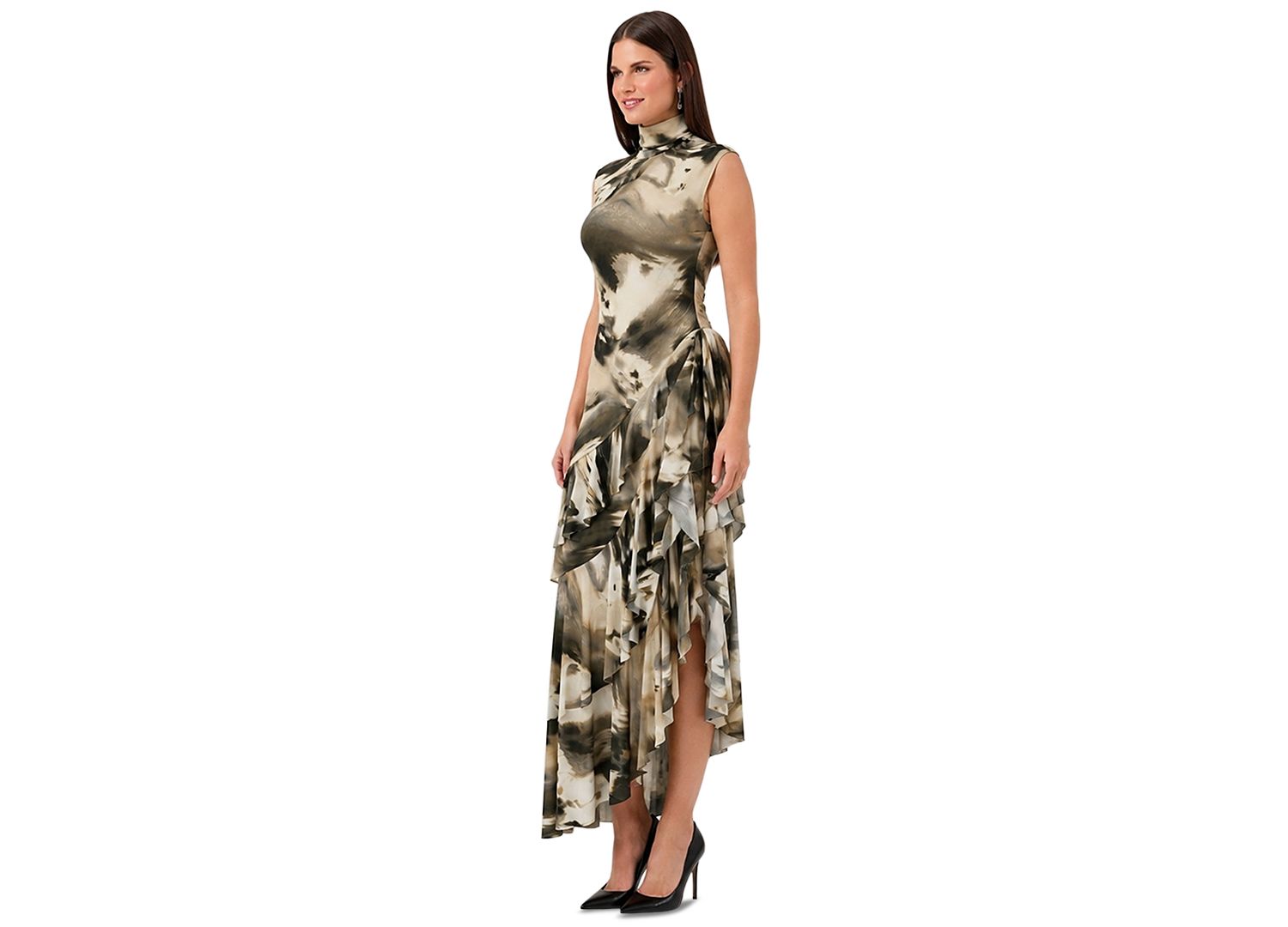 Women's Mock-Neck Asymmetrical-Ruffle Midi Dress