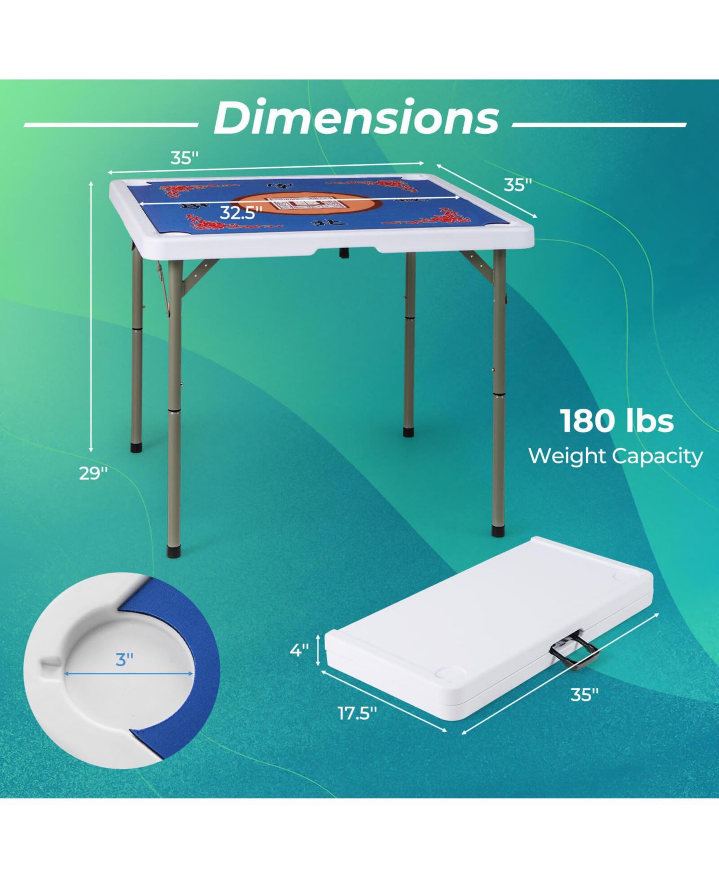 Детская игрушка Costway Folding Mahjong Table with Cup Holders and Carrying Handle, Ages 18+, цвет: Синий — фото 3