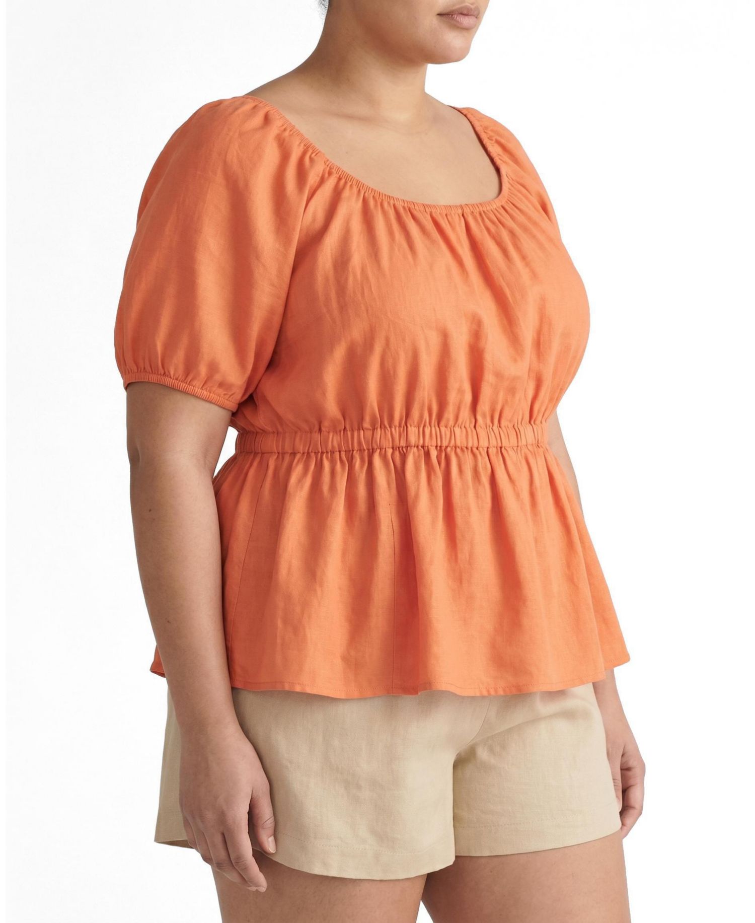 Plus Size Andrea Linen-Blend Short-Sleeve Peplum Top