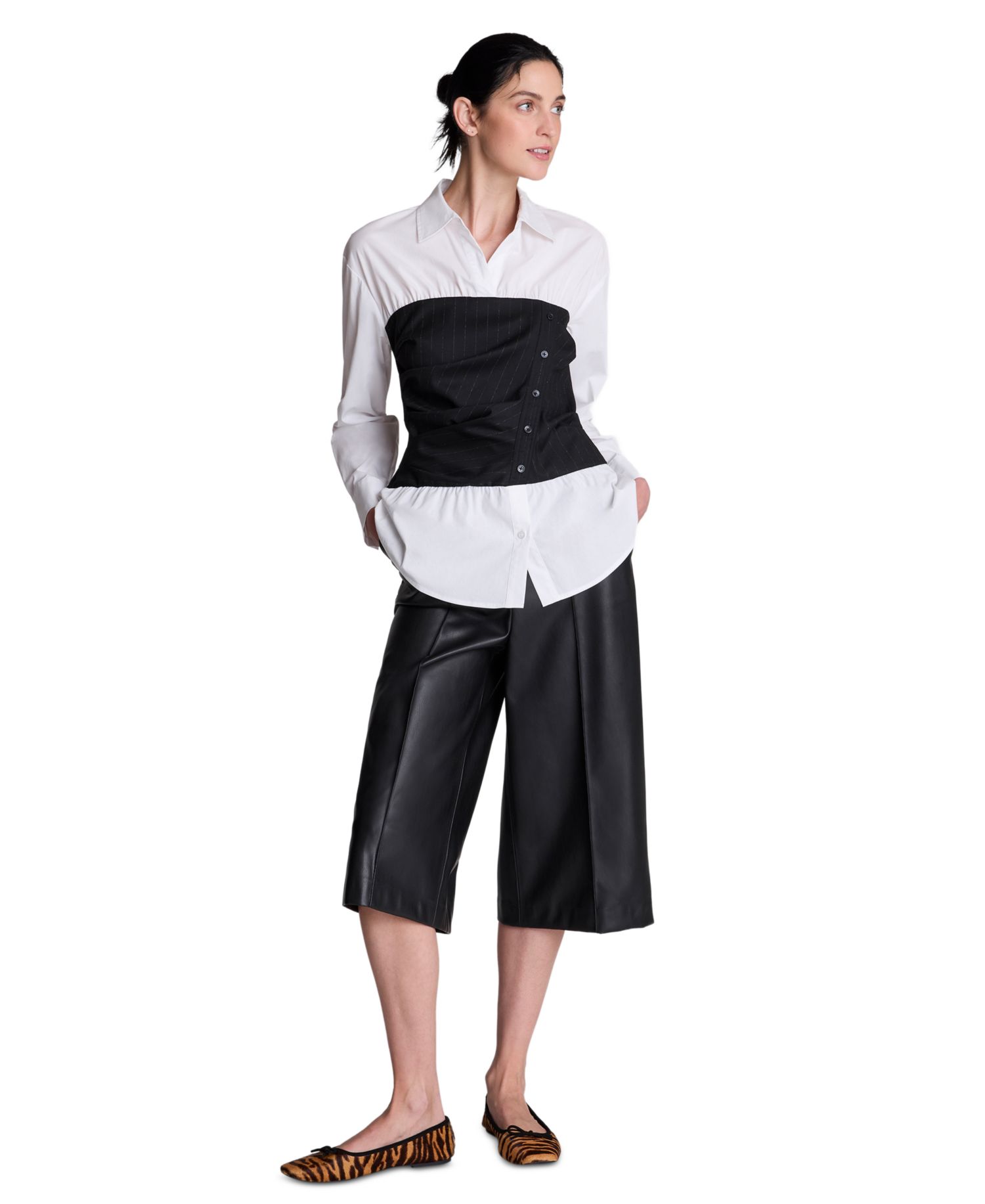 Women's Poplin Long Sleeve Shirt with Pinstripe Bustier
