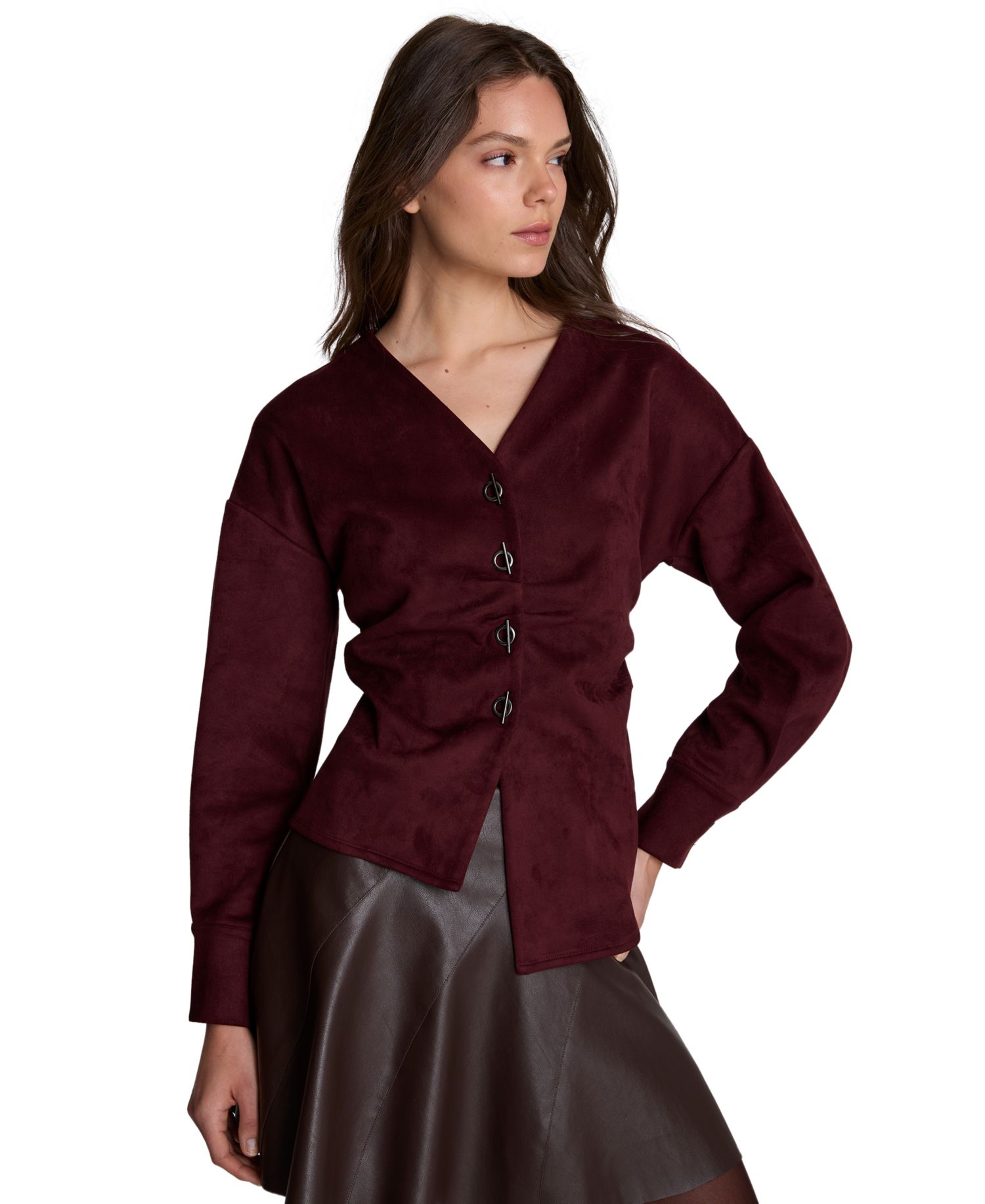 Women's Asymmetric Hem Pleated Faux Suede Shirt