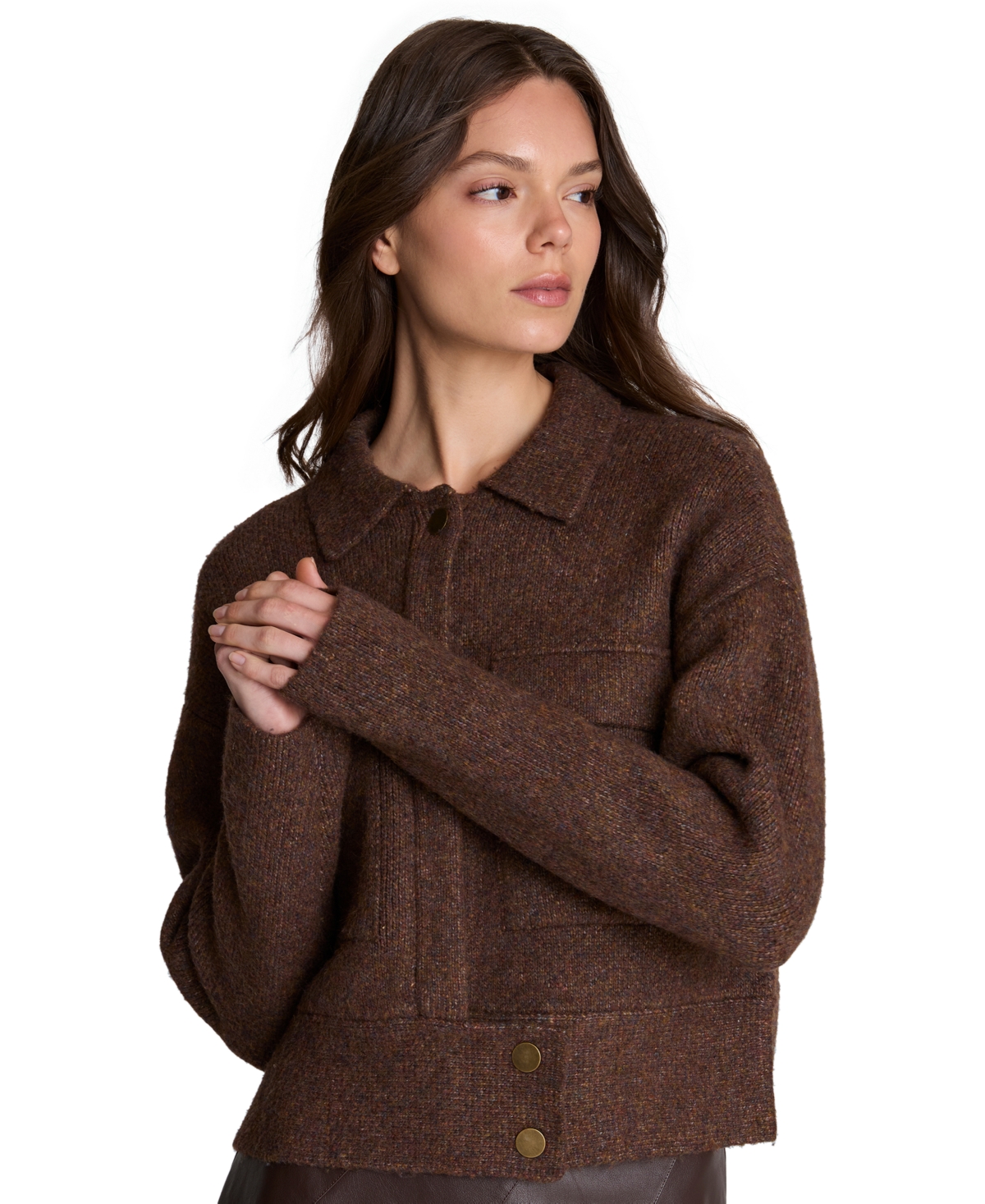 Kenneth Cole Women's Ribbed-knit Long-sleeve Utility Jacket In Medium Bark Heather