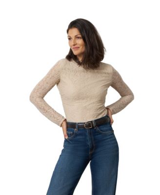 Women's Long-Sleeve Lace Knit Funnel Neck Top