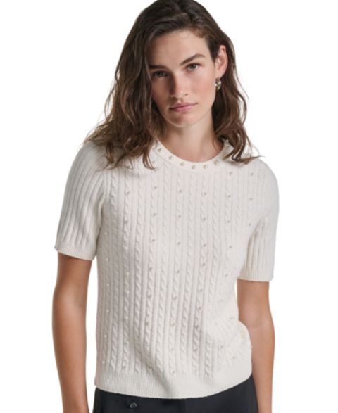 Женский свитер KARL LAGERFELD PARIS PetiteCable-Knit Crewneck Short-Sleeve Sweater, цвет: Берёзовый