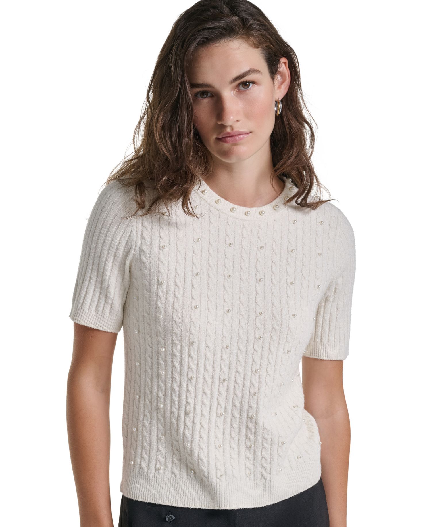 PetiteCable-Knit Crewneck Short-Sleeve Sweater