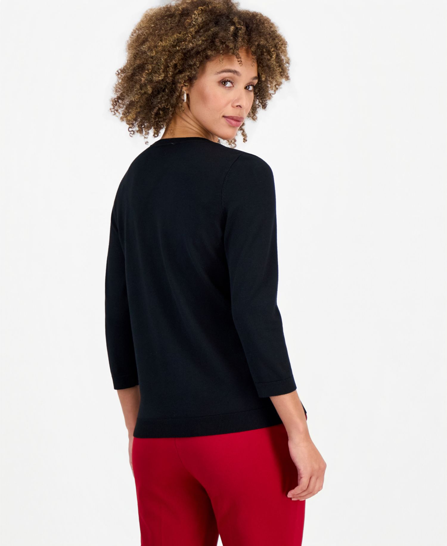 Women's 3/4-Sleeve V-Neck Lace-Applique Sweater