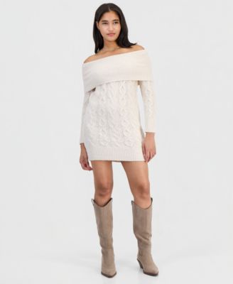 Juniors' Marilyn Cable-Knit Off-the-Shoulder Mini Sweater Dress
