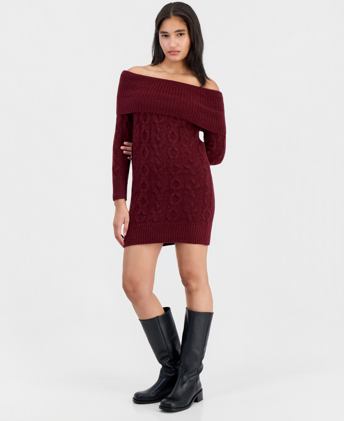 Madden Girl Juniors' Marilyn Cable-knit Off-the-shoulder Mini Sweater Dress In Burgundy