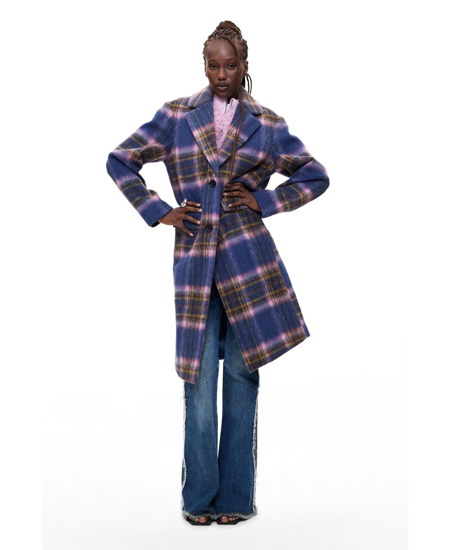 Women's Long Plaid Wool-Blend Coat