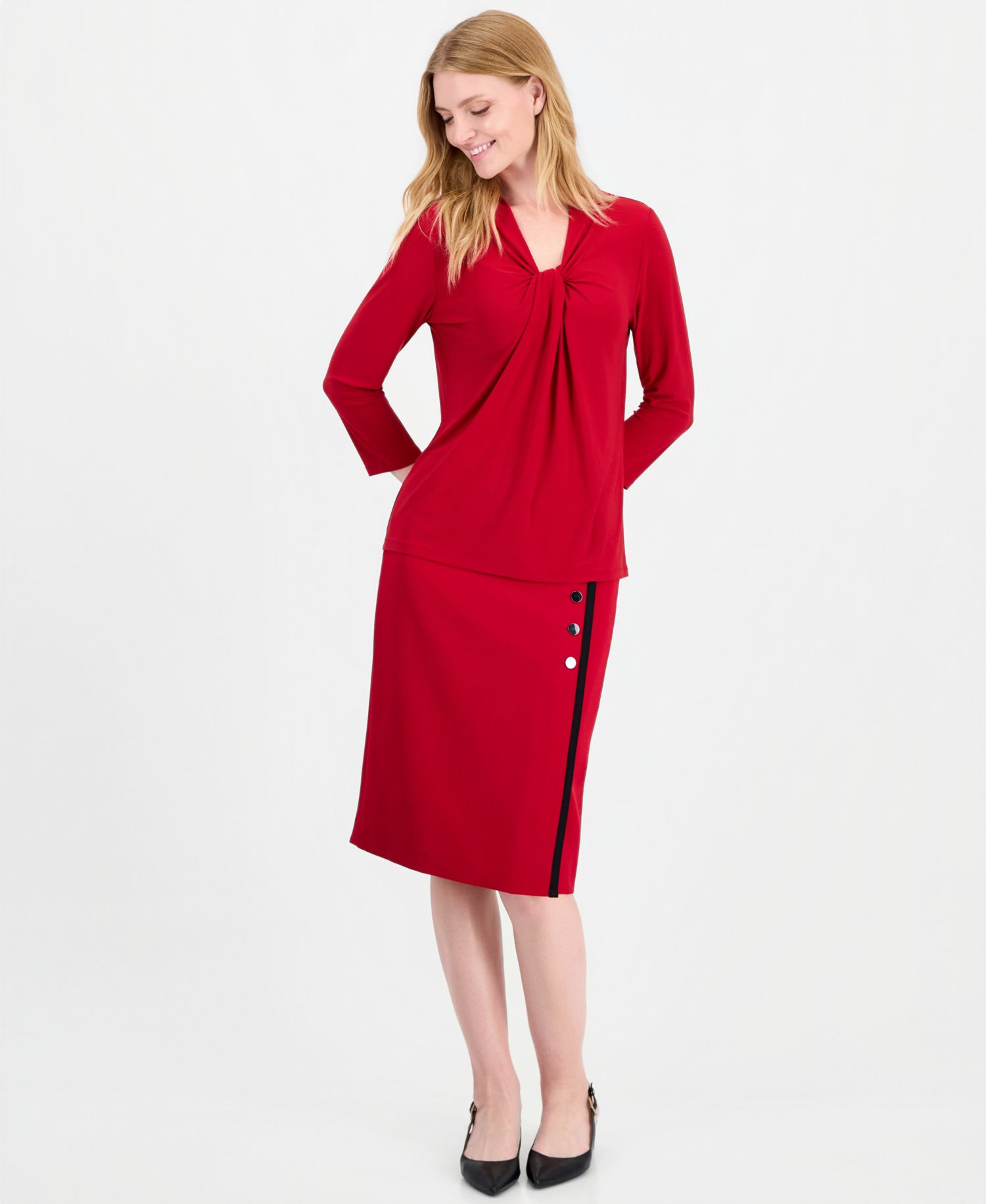 Petite 3/4-Sleeve Knot Neck Jersey Knit Top