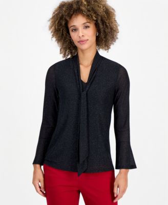 Women's Long Sleeve Metallic Knit Tie Neck Bell Sleeve Top