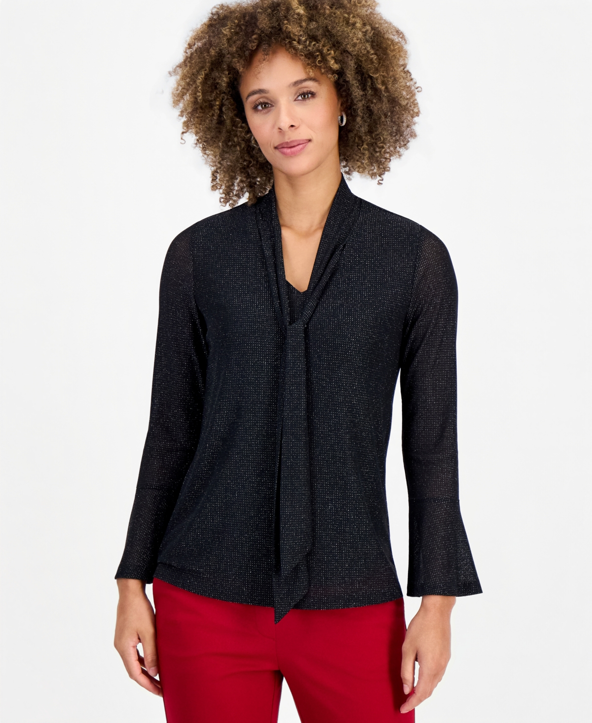 Kasper Women's Long Sleeve Metallic Knit Tie Neck Bell Top