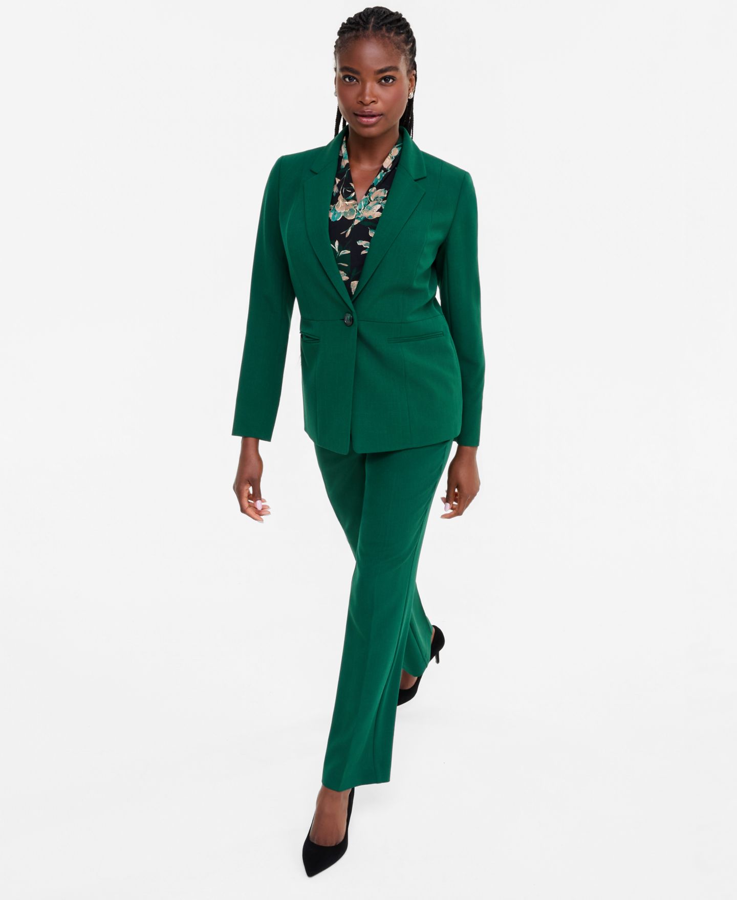 Женские комплекты Kasper Funnel-Neck Cap-Sleeve Blouse, Stretch-Crepe Blazer & Slim-Fit Trousers, цвет: Вечнозелёный — фото 2