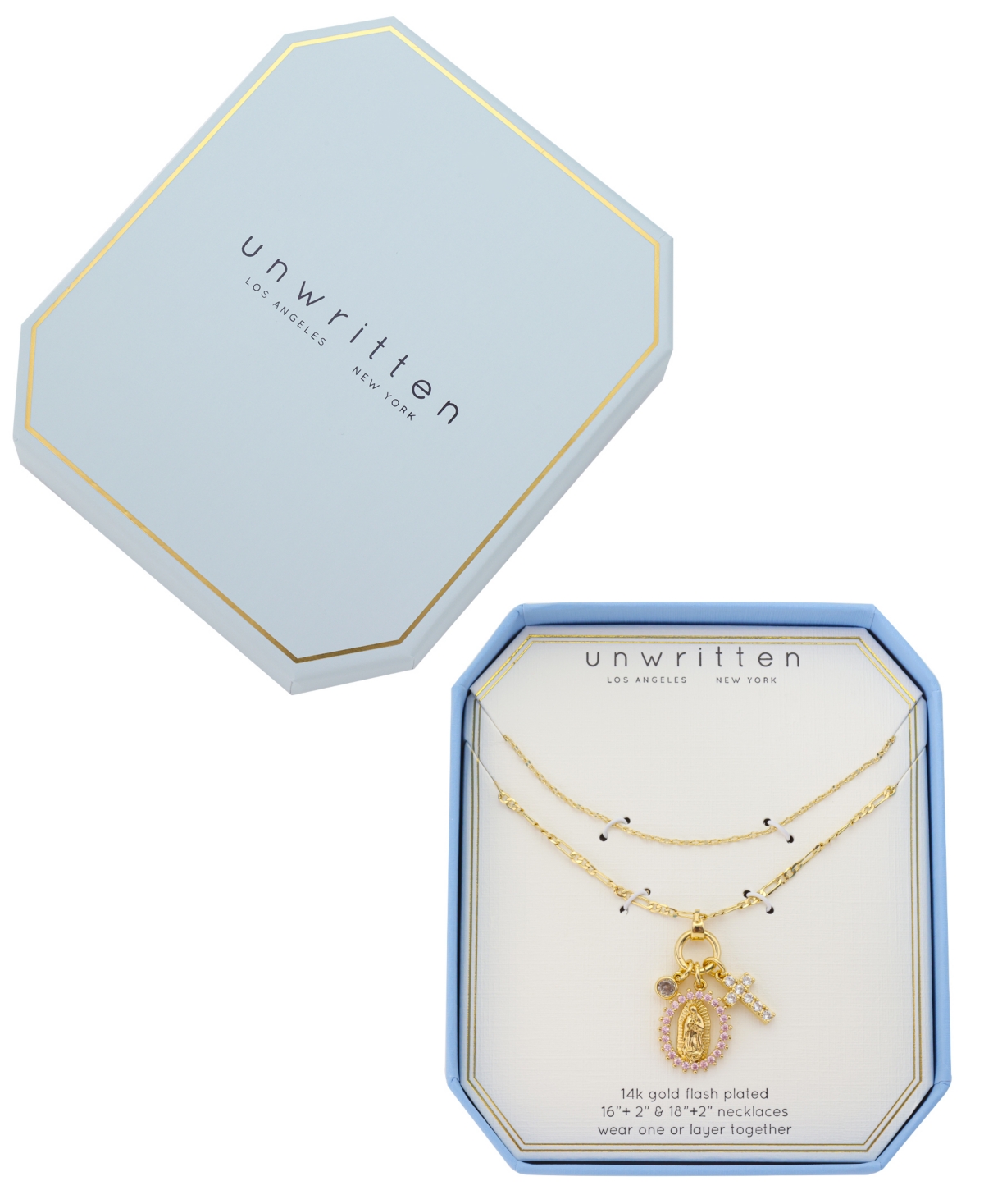 Unwritten Cubic Zirconia Gold-Plated Saint Charm Layered Necklace Set