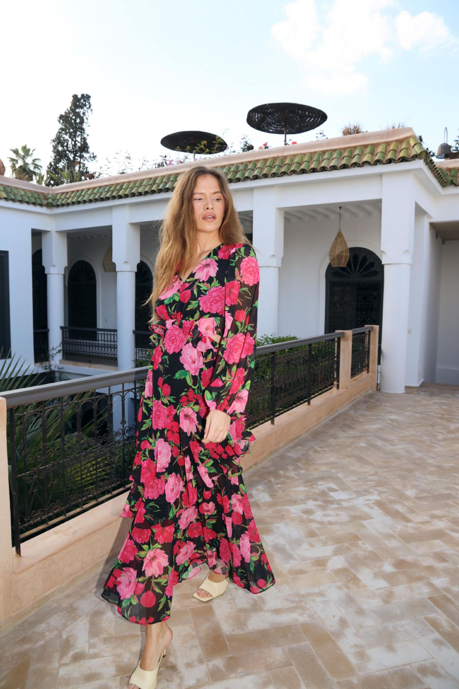 Women's Love Floral Long-Sleeve Tiered Maxi Dress
