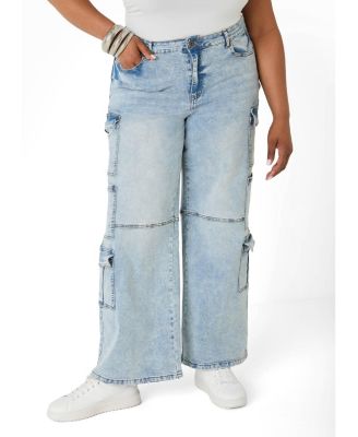 Plus Size Cargo Acid Wash High-Waisted Jeans