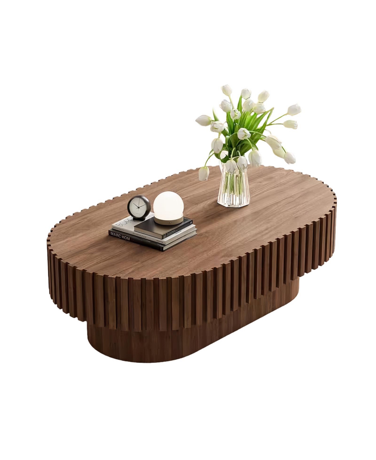 Clihome Oval Coffee Table,Mid Century Modern Fluted Table with Pedestal, Classic Wood