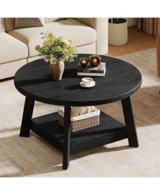 Solid Wood Round Coffee Table, Wooden 2-Tier Circle
