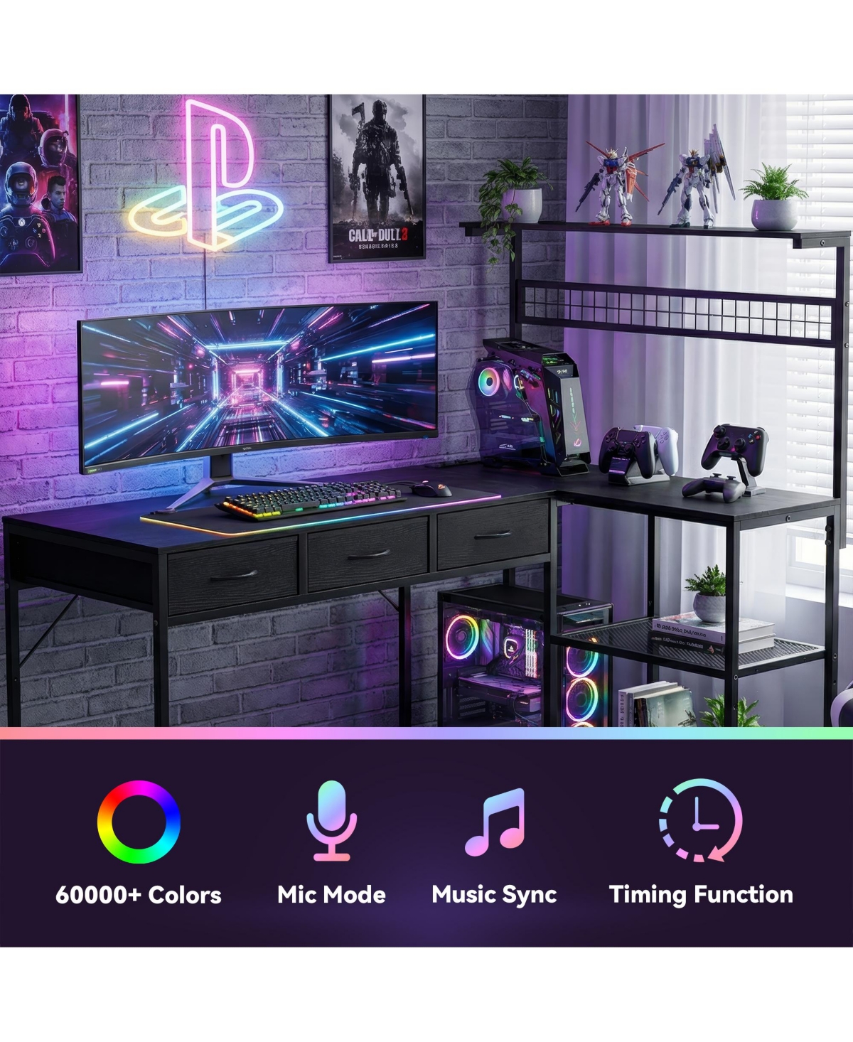 homfan L-Shaped Computer Desk with Power Outlets and Led Lights - 3-Tier Storage Shelves, Drawer, Reversible Wooden Workstation
