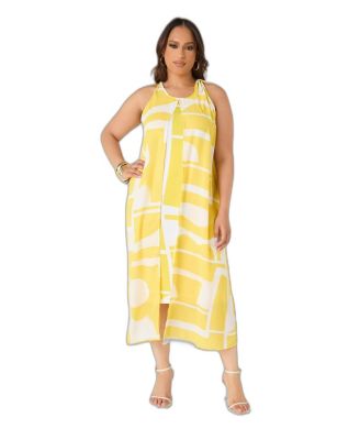 Plus Size Abstract Print Cape Effect Halter Neckline Midi Dress