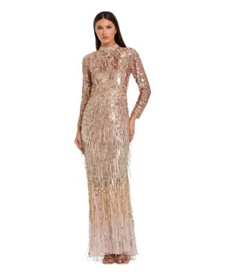 Women's Long-Sleeve Ombre Sequin Fringe Gown