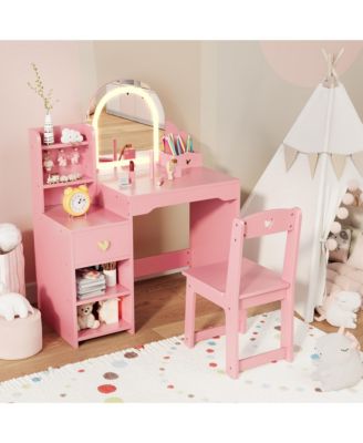 Kids Vanity Table and Chair Set, Kids Vanity Set with Open Shelves, Hook, Drawer, Double Layered Open Cabinet, Pen Holder