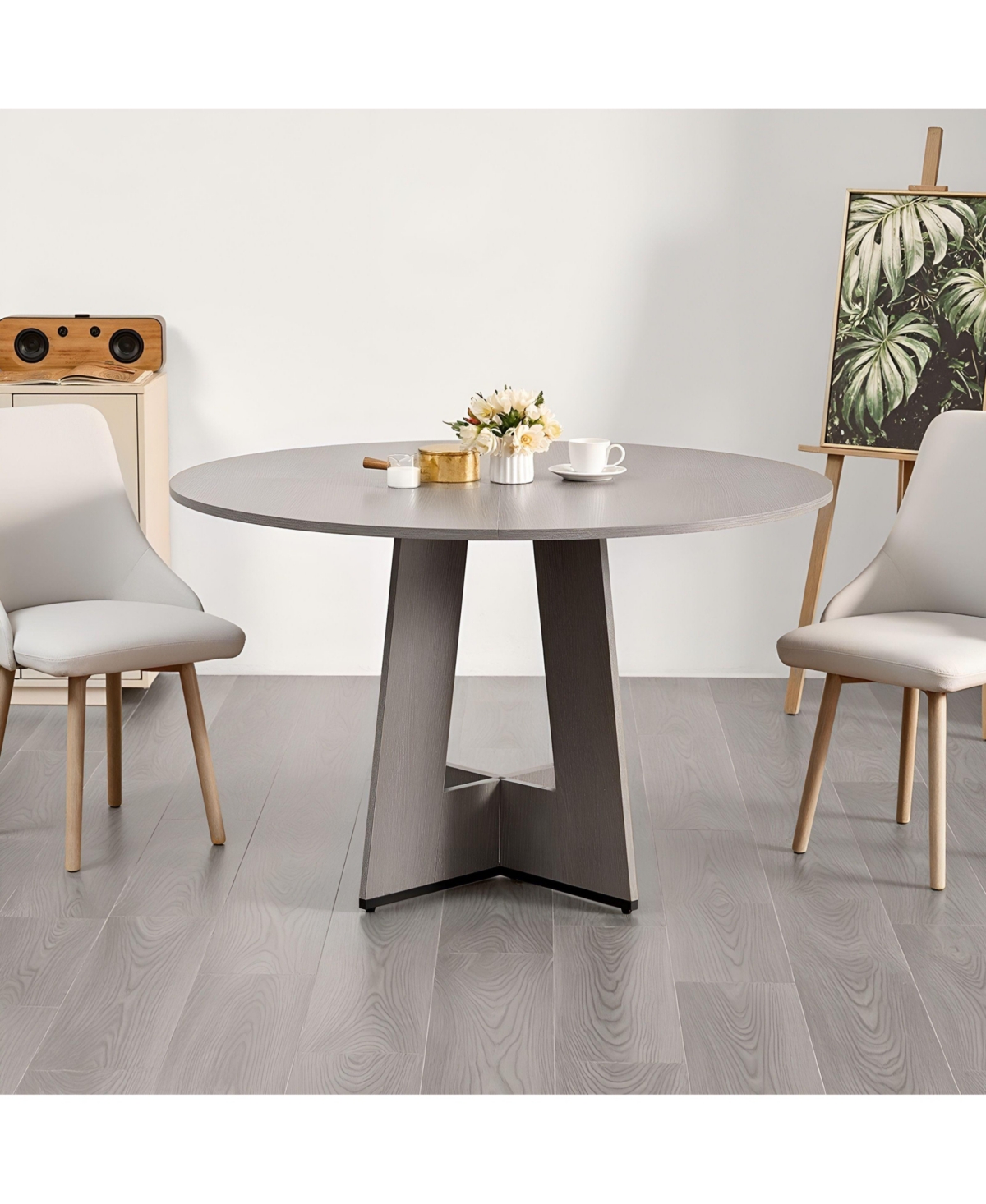Slickblue Farmhouse Round Dining Table with Thick Wooden Legs Design