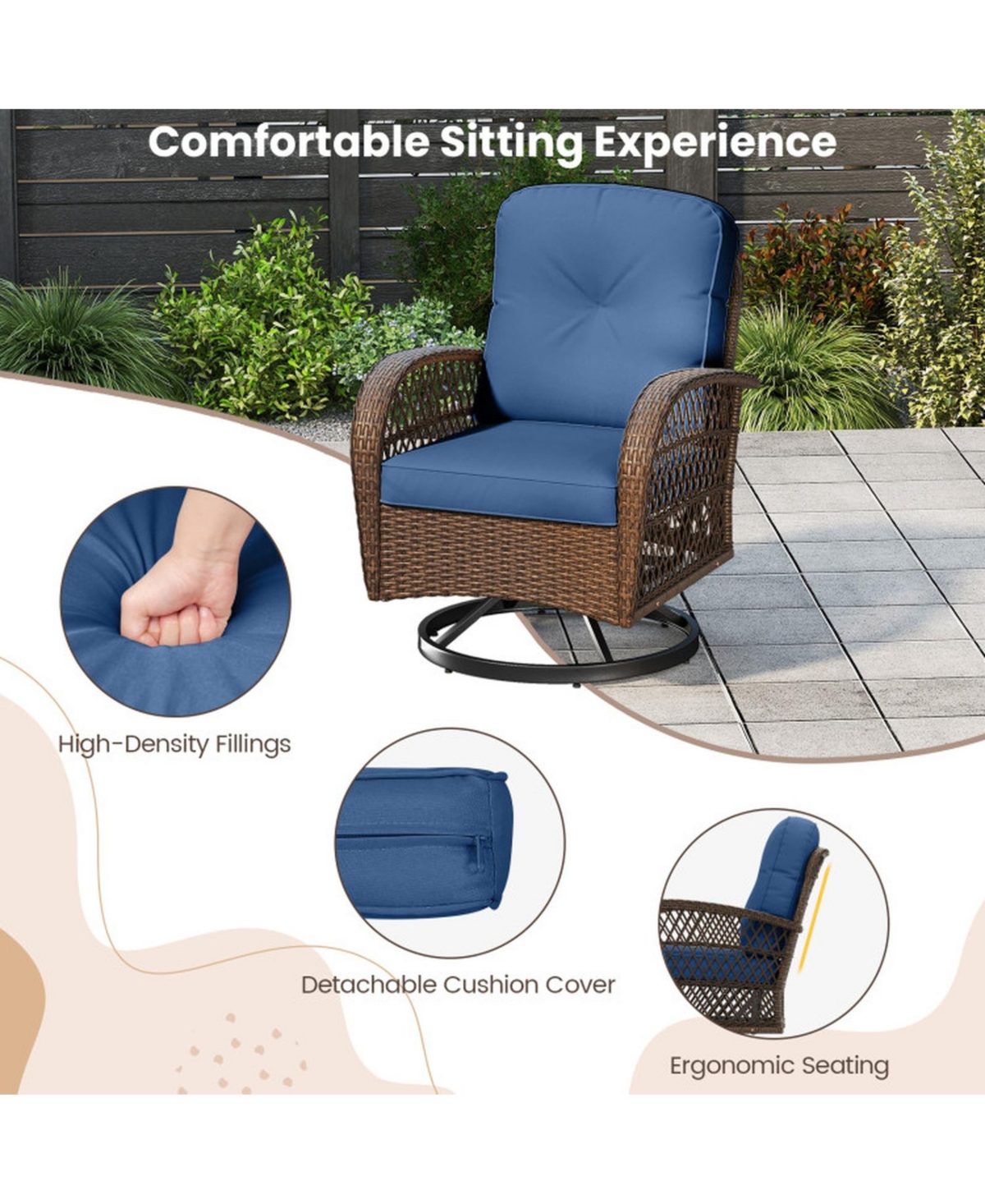 Sugift Patio Swivel Rocker Set with Tempered Glass Side Table and Thick Cushions