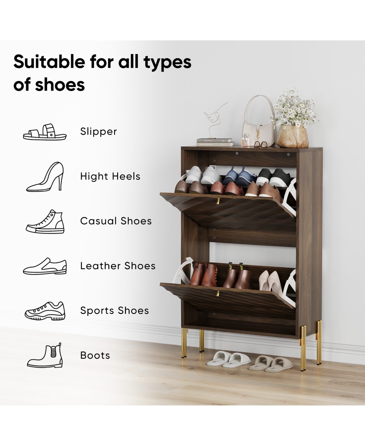 Boyel Living 23.6-Inch Mid-Century Modern Shoe Storage Cabinet, Freestanding Entryway Organizer with 2 Flip-Top Drawers and Metal Legs