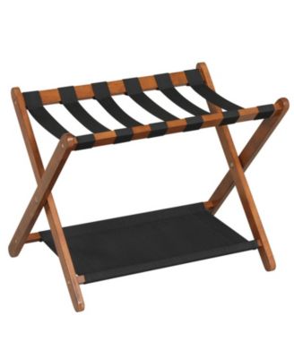 Solid Rubberwood Folding Luggage Rack with Nylon Shelves