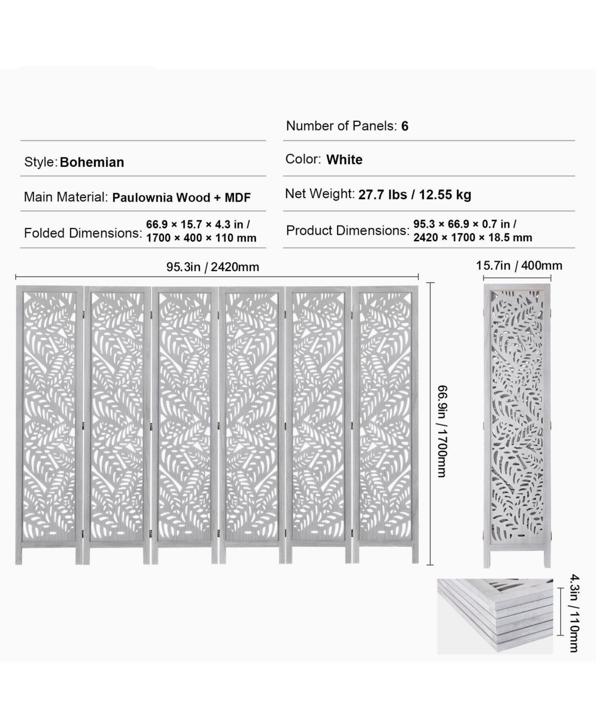 Slickblue Portable 6 Panel Wooden Room Divider, Carved Folding Privacy Screen for Bedroom Office Home