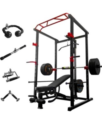 Home Gym Power Cage Set with Lat Pulldown 200 lb Bumper Plates Bench Barbell and Cable Attachments