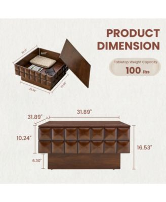 32.7" Square Walnut Coffee Table with 3D Cube Texture