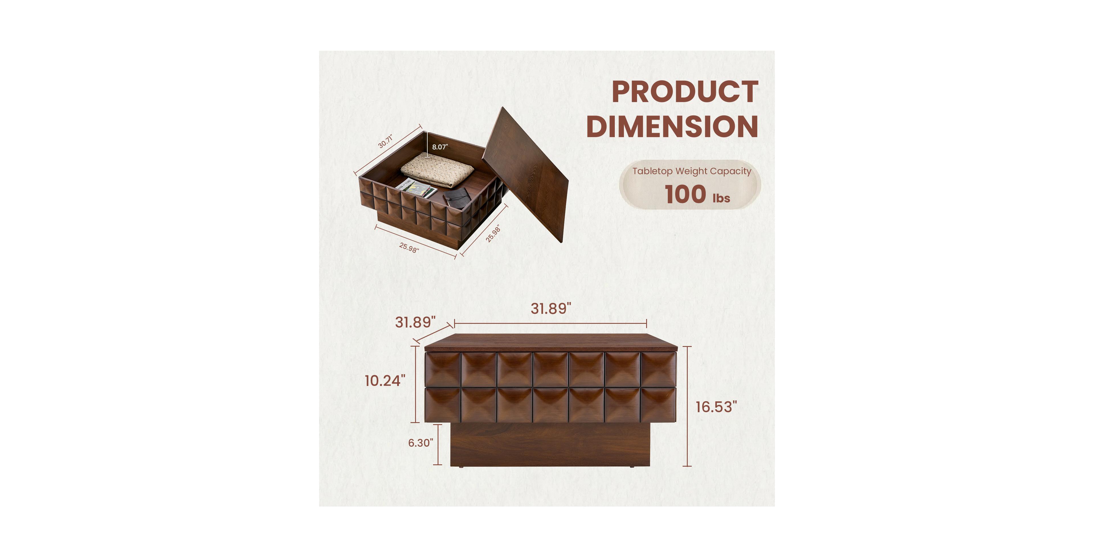 flynama 32.7" Square Walnut Coffee Table with 3D Cube Texture