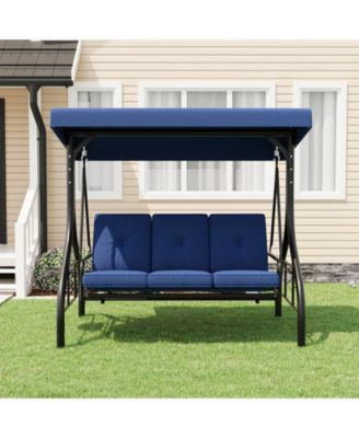 3 Seat Outdoor Porch Swing Chair with Adjustable Canopy Convertible Swing Bed with Soft Cushions and Cup Holders