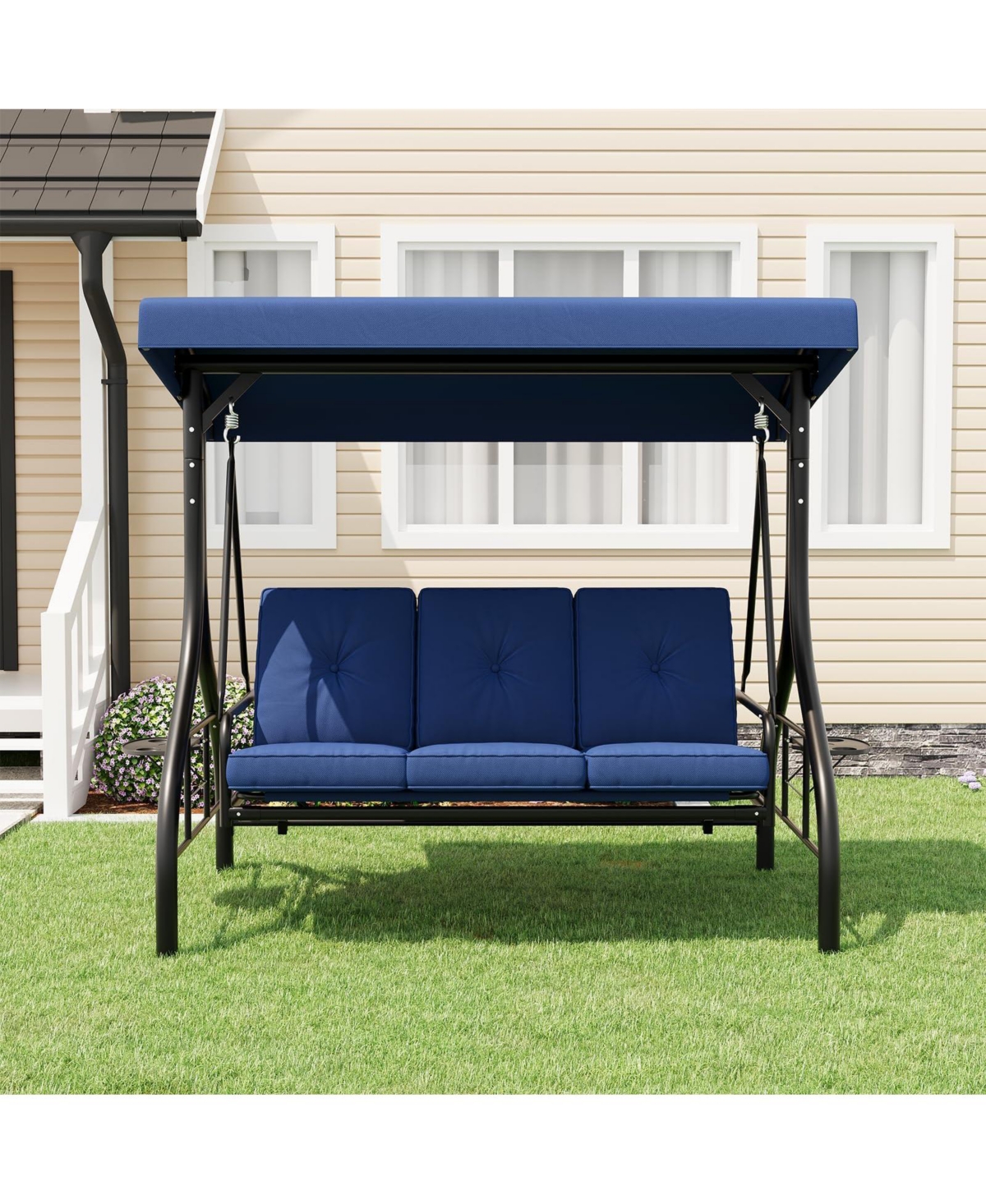 gaomon 3 Seat Outdoor Porch Swing Chair with Adjustable Canopy Convertible Swing Bed with Soft Cushions and Cup Holders